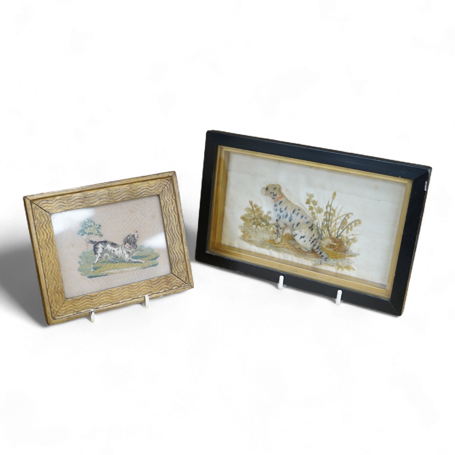 An unusual 19th century stump work needlework embroidery of seated leopard (or dog) in a landscape, together with a smaller petite pointe embroidery of a Spaniel, stump work 17.5cm wide x 9.5cm high. Condition - the back